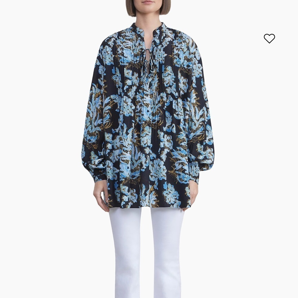 Lafayette 148 New York Blue Floral Pintuck 100% Silk Top XL